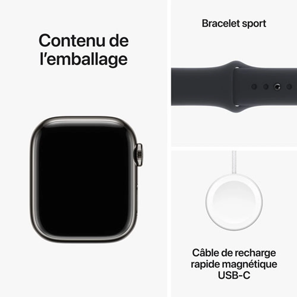 Apple Watch Series 9 (GPS + Cellular) avec boîtier de 41 mm en acier inoxydable graphite et bracelet sport minuit par TELUS - Moyen/Grand - Financement mensuel