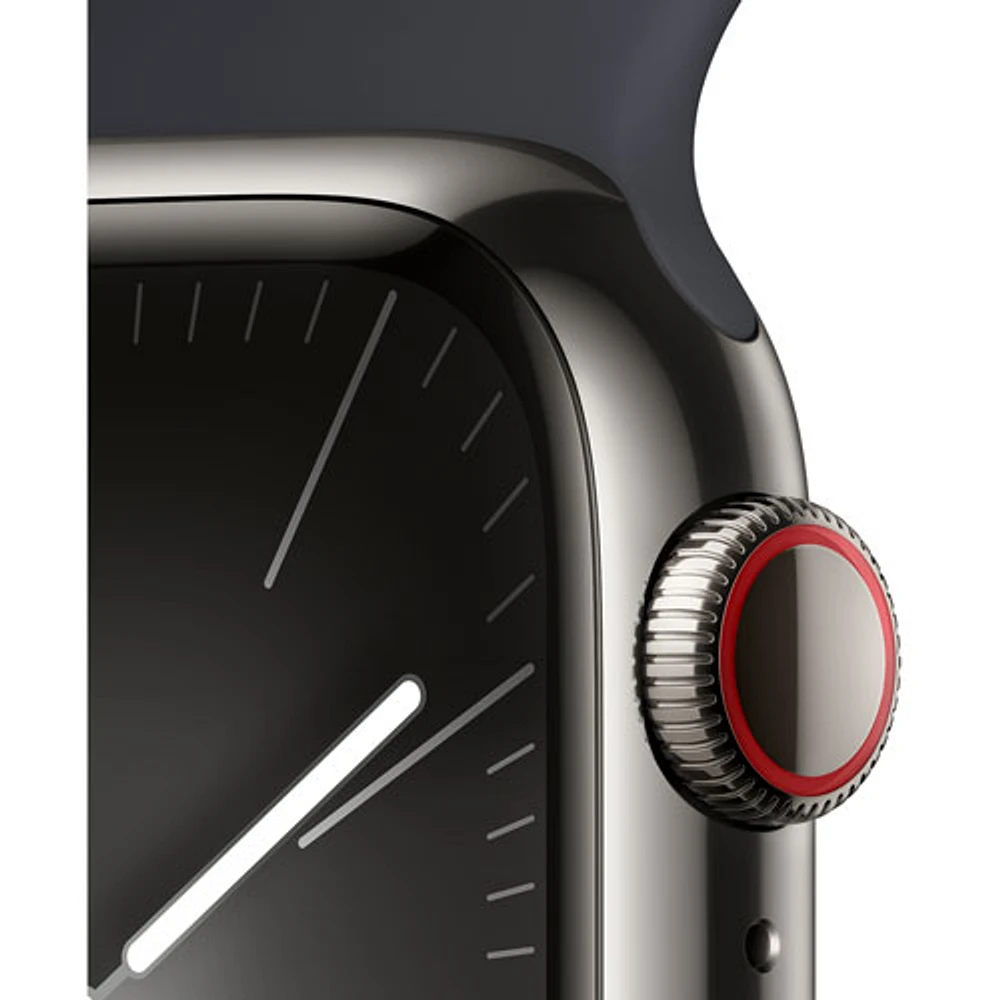Apple Watch Series 9 (GPS + Cellular) avec boîtier de 41 mm en acier inoxydable graphite et bracelet sport minuit par TELUS - Moyen/Grand - Financement mensuel
