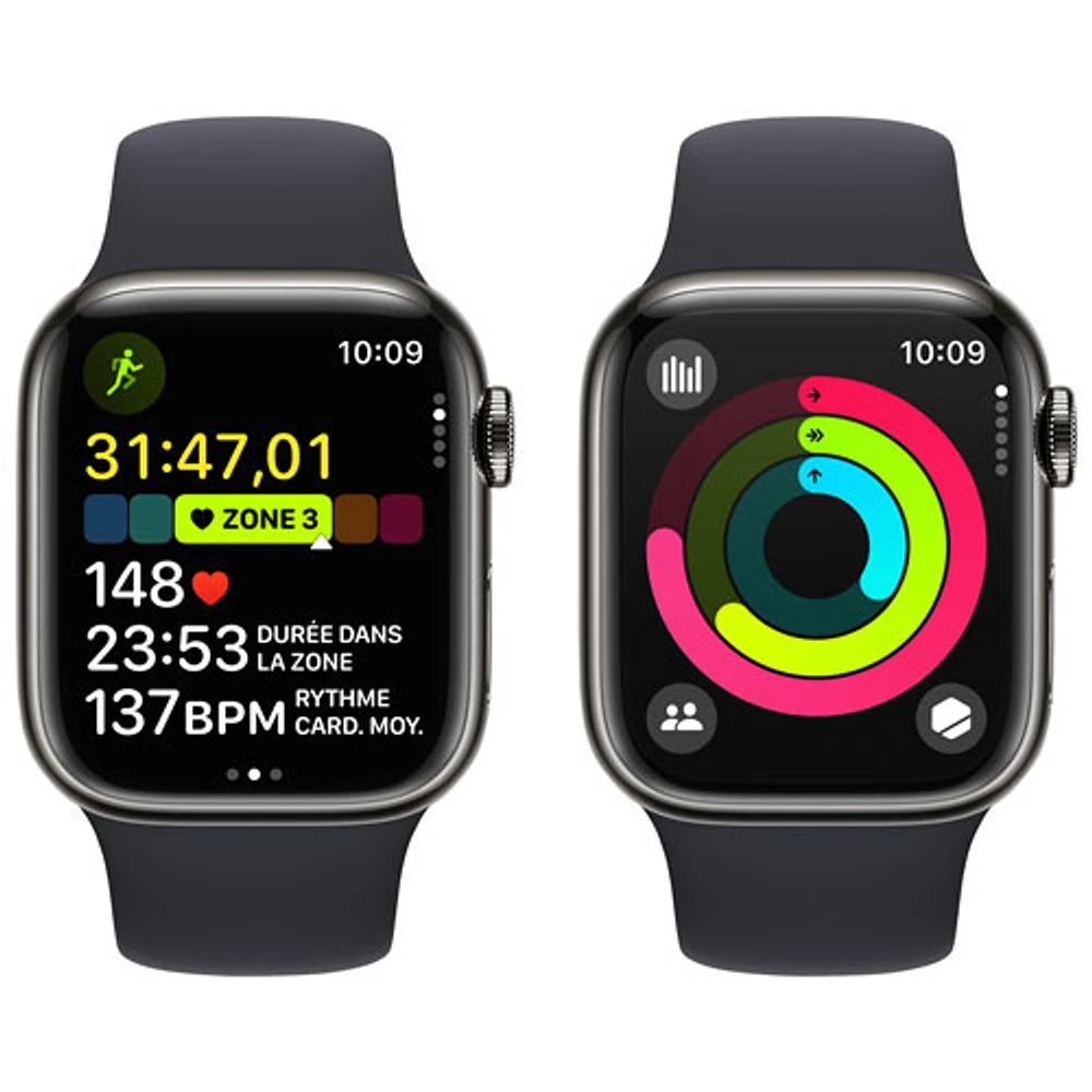 Apple Watch Series 9 (GPS + Cellular) avec boîtier de 41 mm en acier inoxydable graphite et bracelet sport minuit par TELUS - Moyen/Grand - Financement mensuel