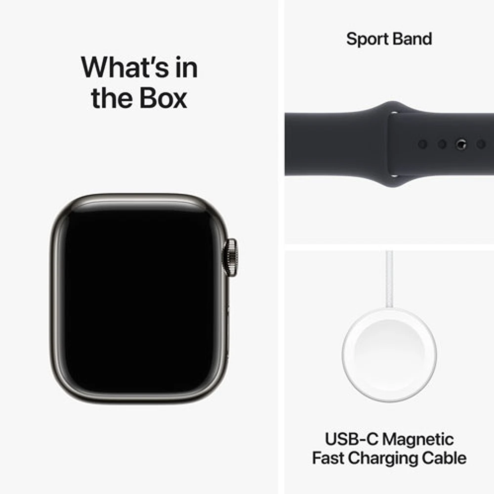 Apple Watch Series 9 (GPS + Cellular) avec boîtier de 41 mm en acier inoxydable graphite et bracelet sport minuit par TELUS - Moyen/Grand - Financement mensuel