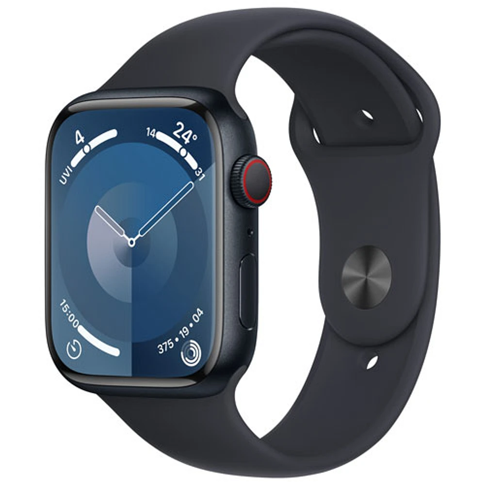 Apple Watch Series 9 (GPS + Cellular) avec boîtier de 45 mm en aluminium minuit et bracelet sport minuit par Bell - Moyen/Grand - Financement mensuel
