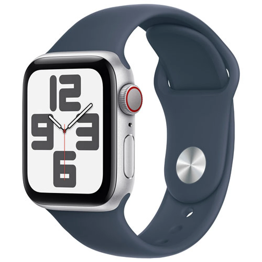 Apple Watch SE (GPS + Cellular) avec boîtier de mm en aluminium argenté et bracelet sport bleu tempête par Rogers - Moyen/Grand