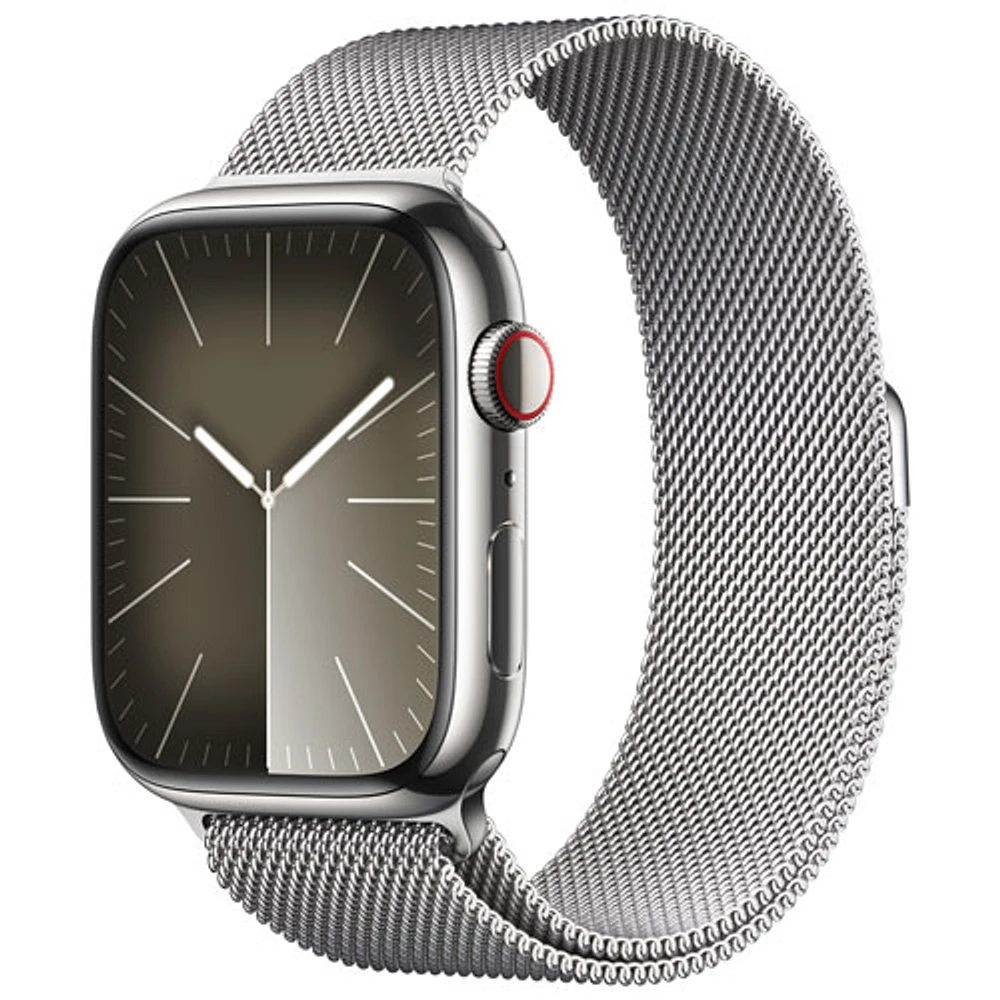 Rogers Apple Watch Series 9 (GPS + Cellular) 45mm Silver Stainless Steel Case w/Silver Milanese Loop - L - Monthly Financing