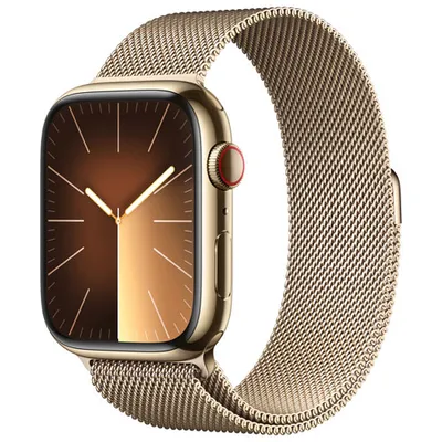 Apple Watch Series 9 (GPS + Cellular) avec boîtier de 45 mm en acier inoxydable doré et bracelet milanais doré par TELUS - Grand - Financement mensuel