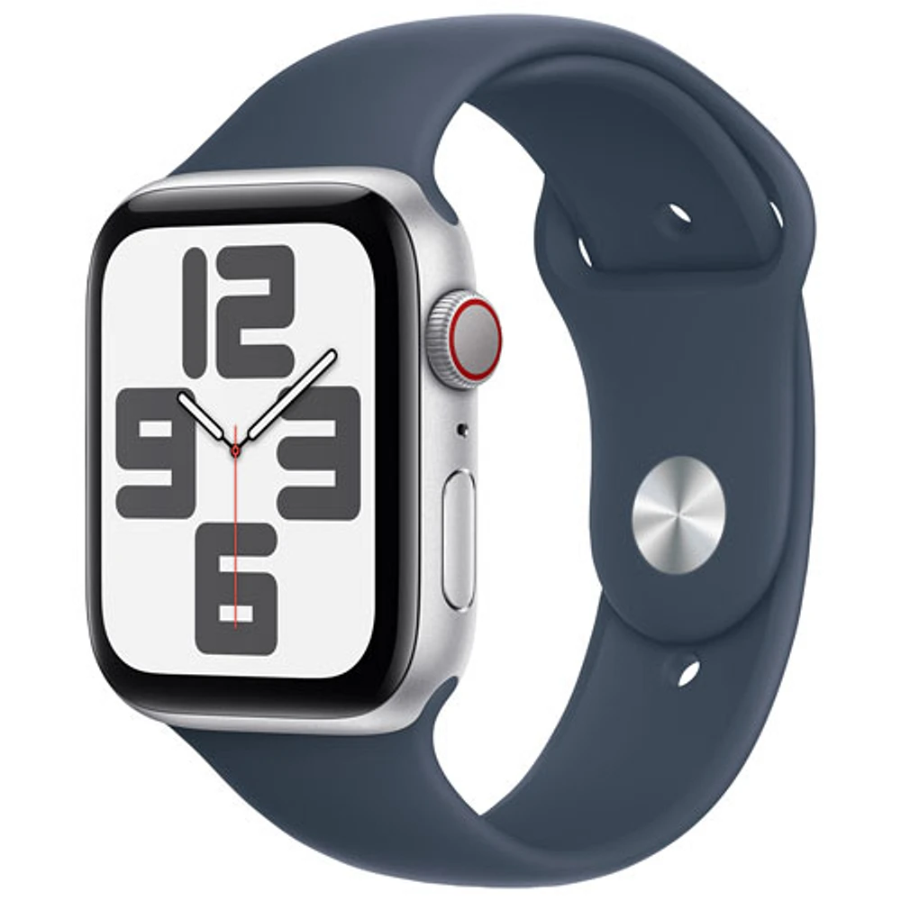 Apple Watch SE (GPS + Cellular) avec boîtier de 44 mm en aluminium argenté et bracelet sport bleu tempête par TELUS - Moyen/Grand - Financement mensuel