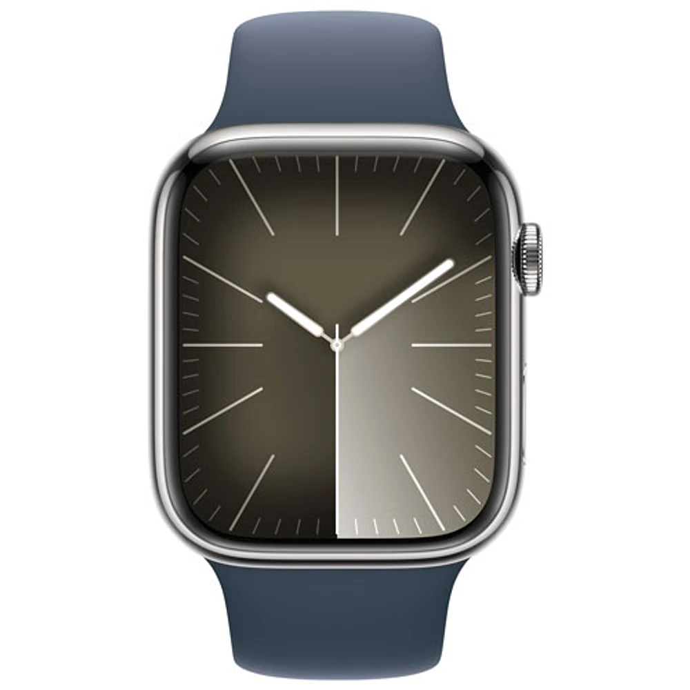 TELUS Apple Watch Series 9 (GPS + Cellular) 45mm Silver Stainless Steel Case w/Storm Blue Sport Band - S/M - Monthly Financing