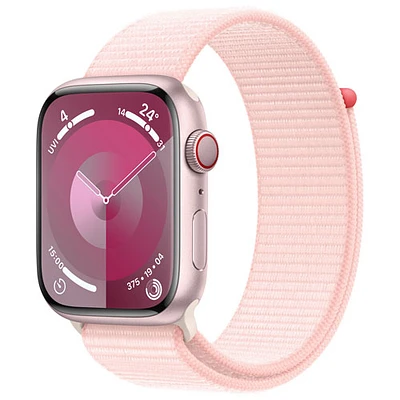 Apple Watch Series 9 (GPS + Cellular) avec boîtier de 45 mm en aluminium rose et bracelet sport à rabat rose dragée par Rogers - Financement mensuel