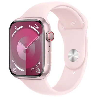 Apple Watch Series 9 (GPS + Cellular) avec boîtier de 45 mm en aluminium rose et bracelet sport rose dragée par Bell - Moyen/Grand - Financement mensuel