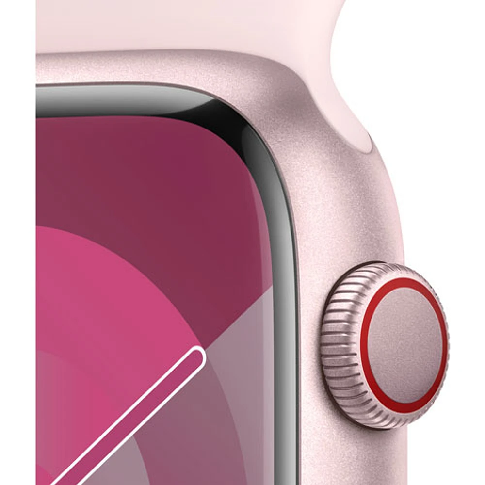 Apple Watch Series 9 (GPS + Cellular) avec boîtier de 45 mm en aluminium rose et bracelet sport rose dragée par TELUS - Petit/Moyen - Financement mensuel