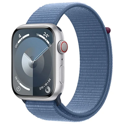 Apple Watch Series 9 (GPS + Cellular) avec boîtier de 45 mm en aluminium argenté et bracelet sport à rabat bleu hivernal par Bell - Financement mensuel