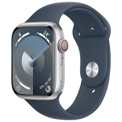 Apple Watch Series 9 (GPS + Cellular) avec boîtier de 45 mm en aluminium argenté et bracelet sport bleu tempête par Bell - Moyen/Grand - Financement mensuel