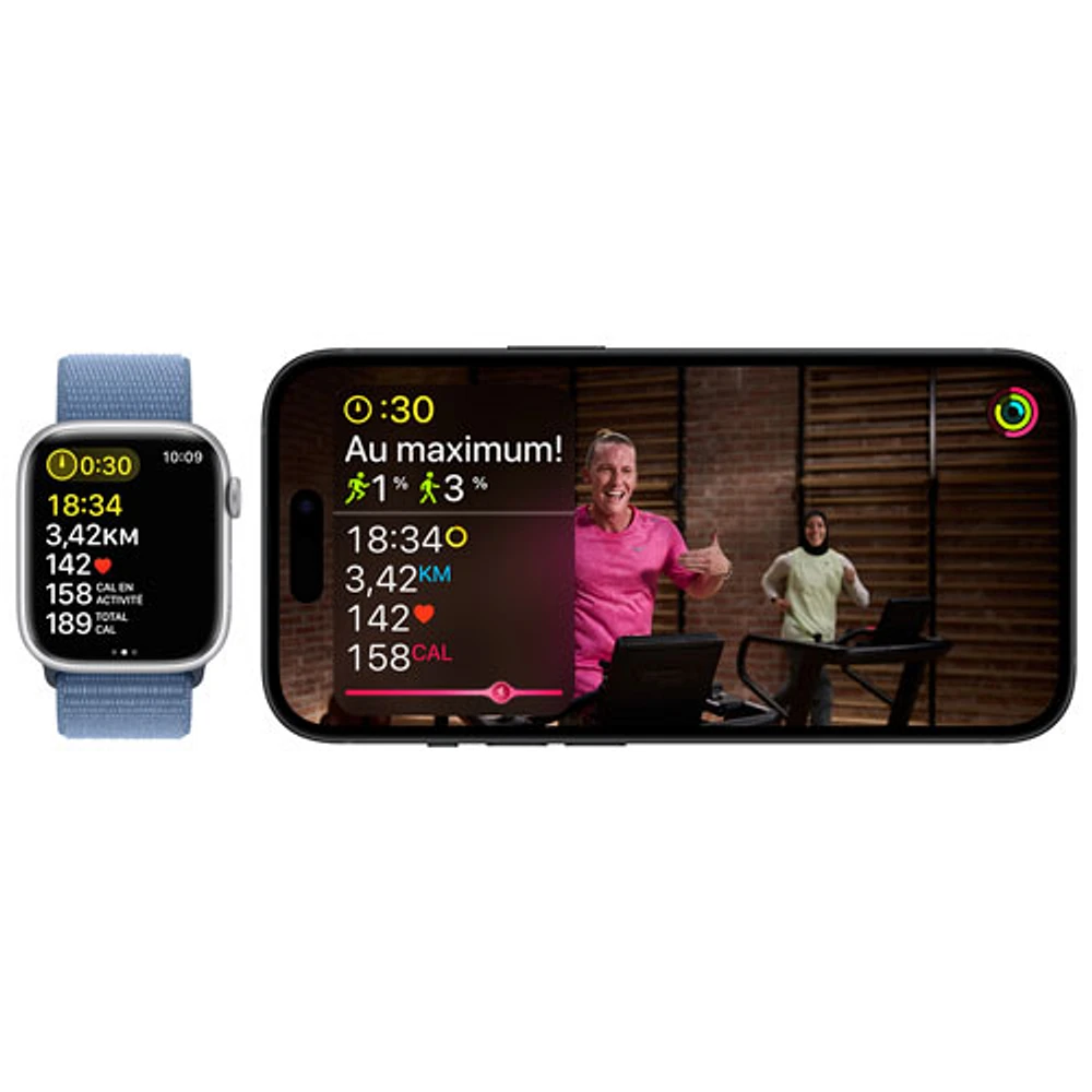 Apple Watch Series 9 (GPS + Cellular) avec boîtier de 45 mm en aluminium argenté et bracelet sport bleu tempête par Bell - Moyen/Grand - Financement mensuel