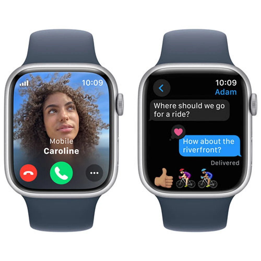 Apple Watch Series 9 (GPS + Cellular) avec boîtier de 45 mm en aluminium argenté et bracelet sport bleu tempête par Bell - Moyen/Grand - Financement mensuel