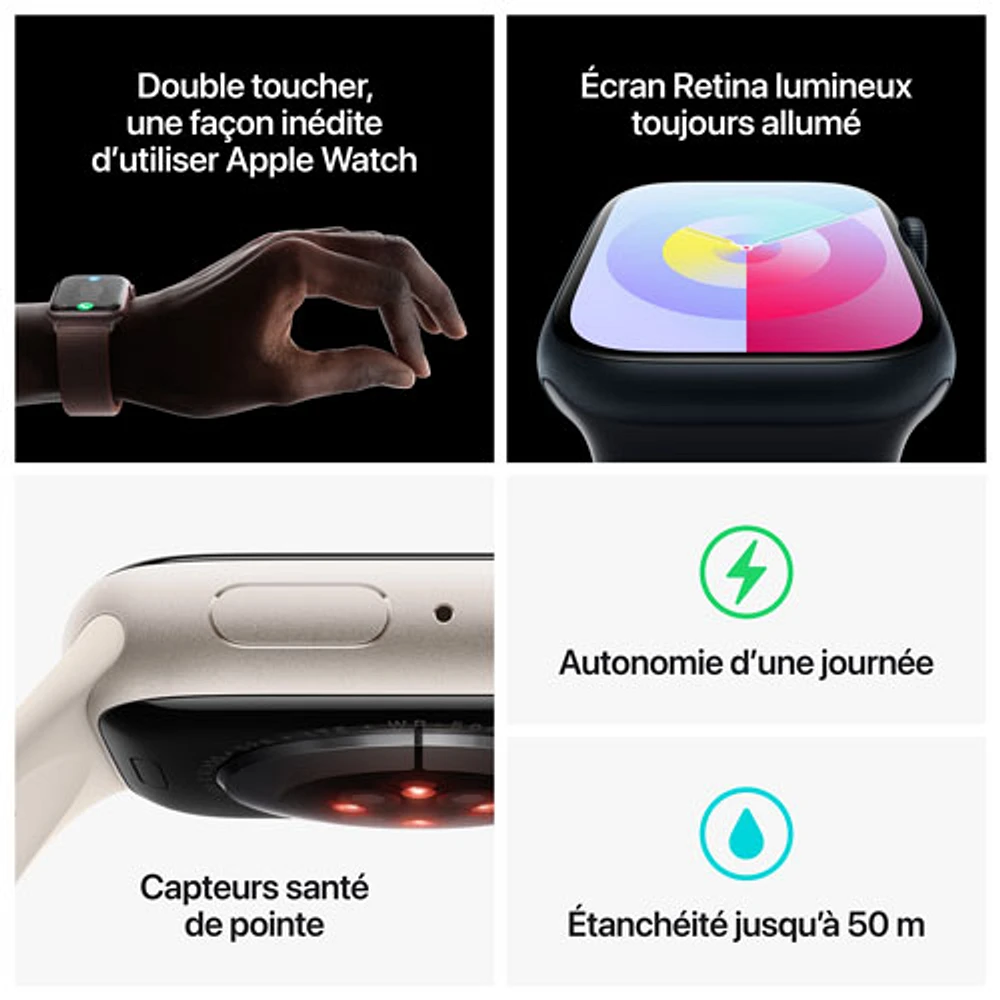 Apple Watch Series 9 (GPS + Cellular) avec boîtier de 45 mm en aluminium argenté et bracelet sport bleu tempête par Bell - Moyen/Grand - Financement mensuel