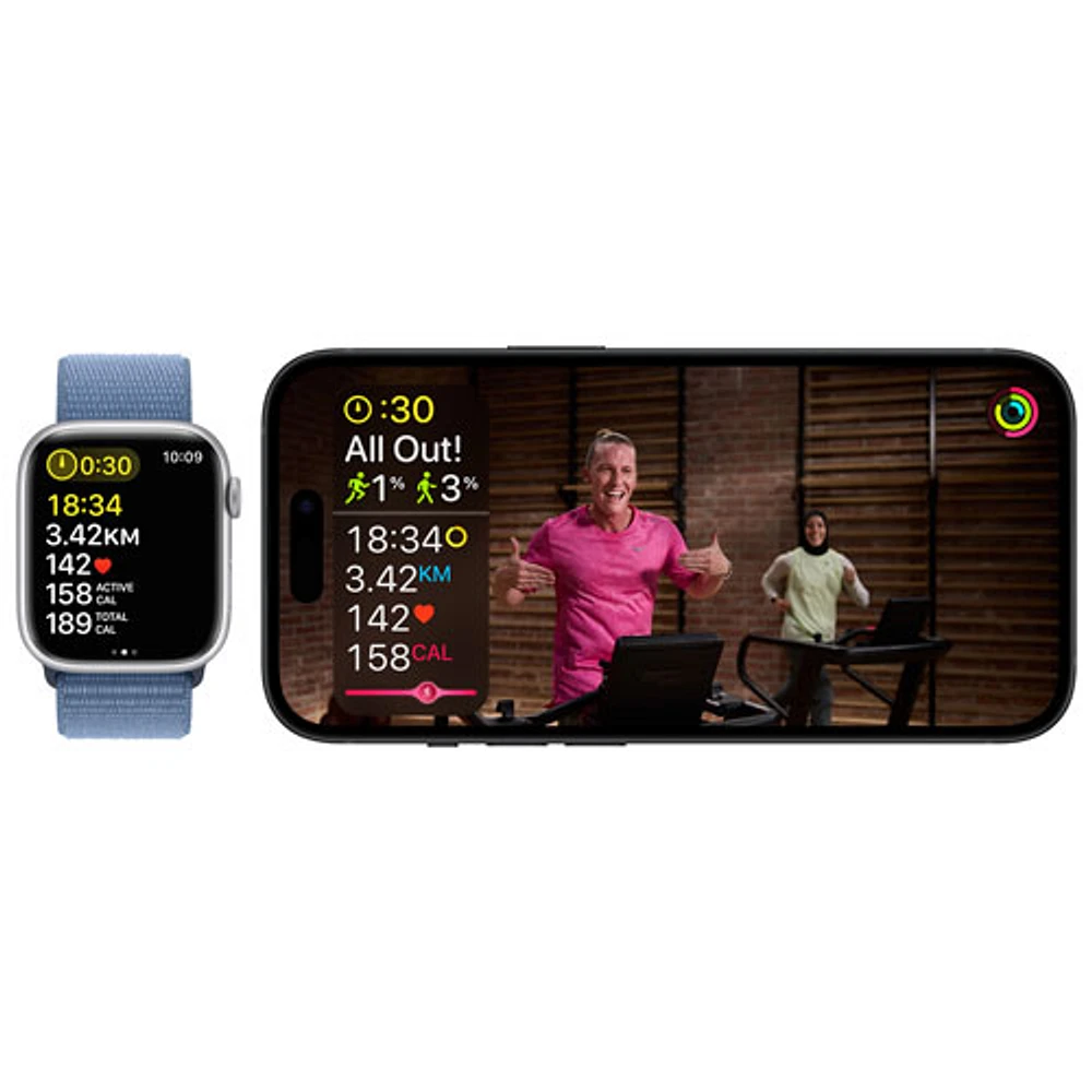 Apple Watch Series 9 (GPS + Cellular) avec boîtier de 45 mm en aluminium argenté et bracelet sport bleu tempête par Rogers - Moyen/Grand - Financement mensuel