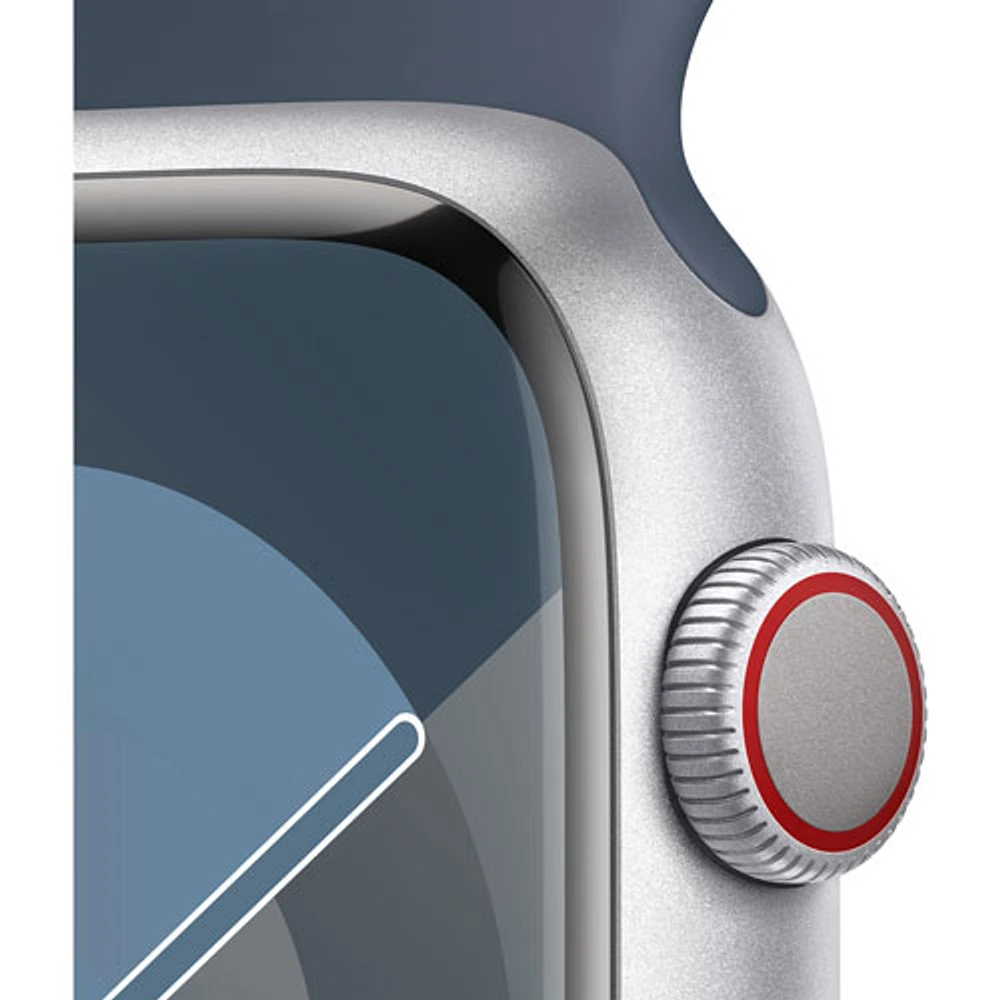 Apple Watch Series 9 (GPS + Cellular) avec boîtier de 45 mm en aluminium argenté et bracelet sport bleu tempête par Rogers - Moyen/Grand - Financement mensuel