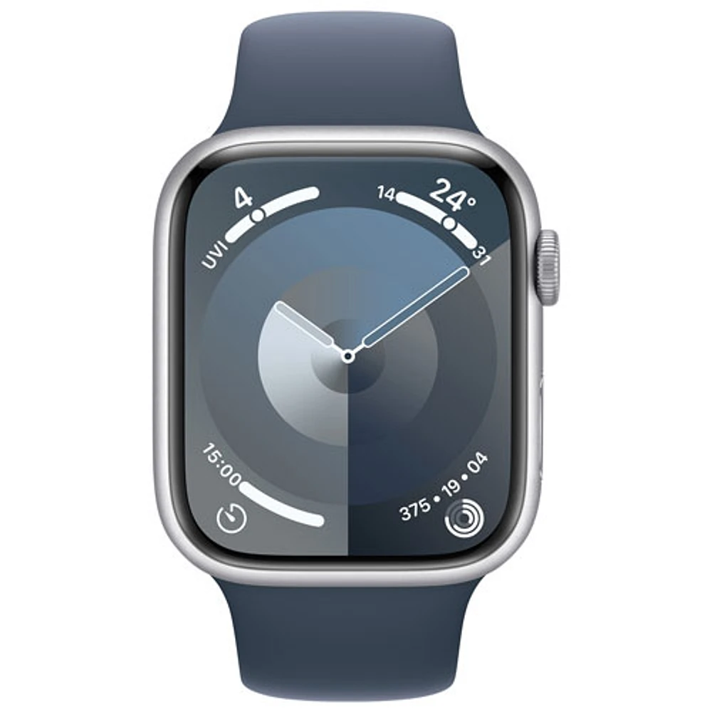 Apple Watch Series 9 (GPS + Cellular) avec boîtier de 45 mm en aluminium argenté et bracelet sport bleu tempête par TELUS - Moyen/Grand - Financement mensuel