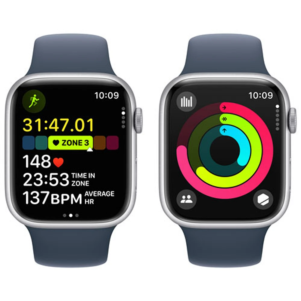 Apple Watch Series 9 (GPS + Cellular) avec boîtier de 45 mm en aluminium argenté et bracelet sport bleu tempête par TELUS - Moyen/Grand - Financement mensuel