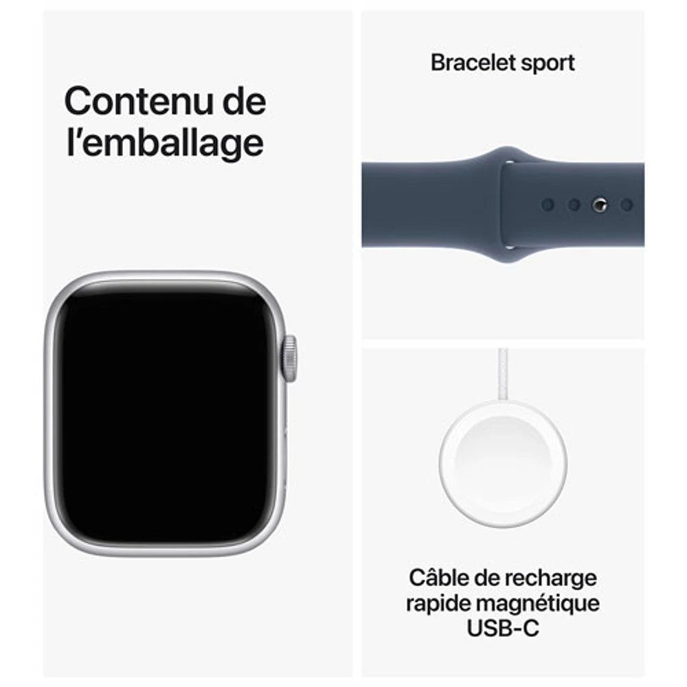 Apple Watch Series 9 (GPS + Cellular) avec boîtier de 45 mm en aluminium argenté et bracelet sport bleu tempête par Virgin Plus - Moyen/Grand - Financement mensuel