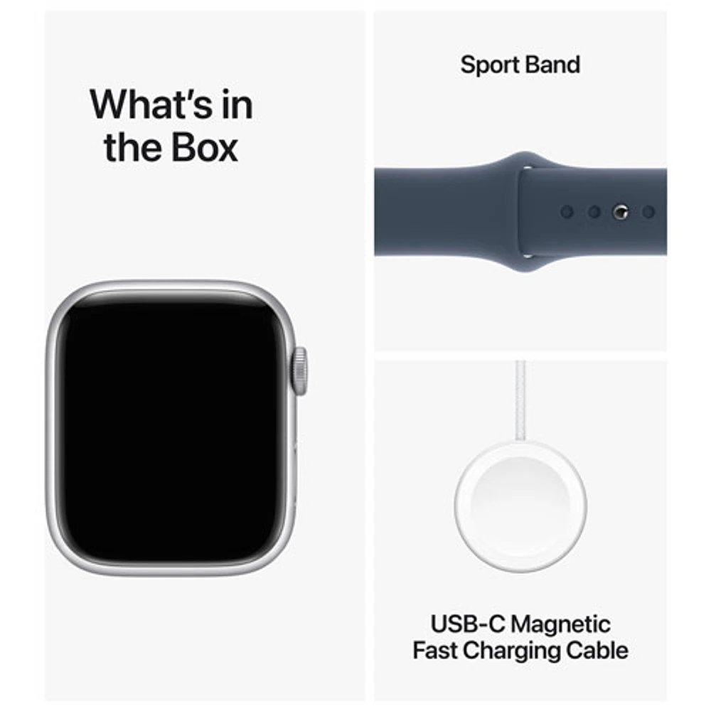 Apple Watch Series 9 (GPS + Cellular) avec boîtier de 45 mm en aluminium argenté et bracelet sport bleu tempête par Virgin Plus - Moyen/Grand - Financement mensuel