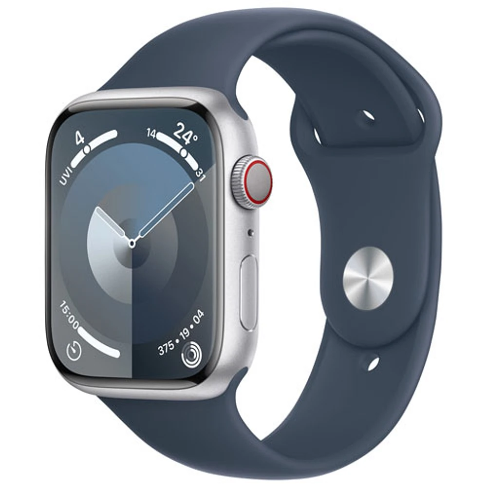 Apple Watch Series 9 (GPS + Cellular) avec boîtier de 45 mm en aluminium argenté et bracelet sport bleu tempête par Rogers - Petit/Moyen - Financement mensuel