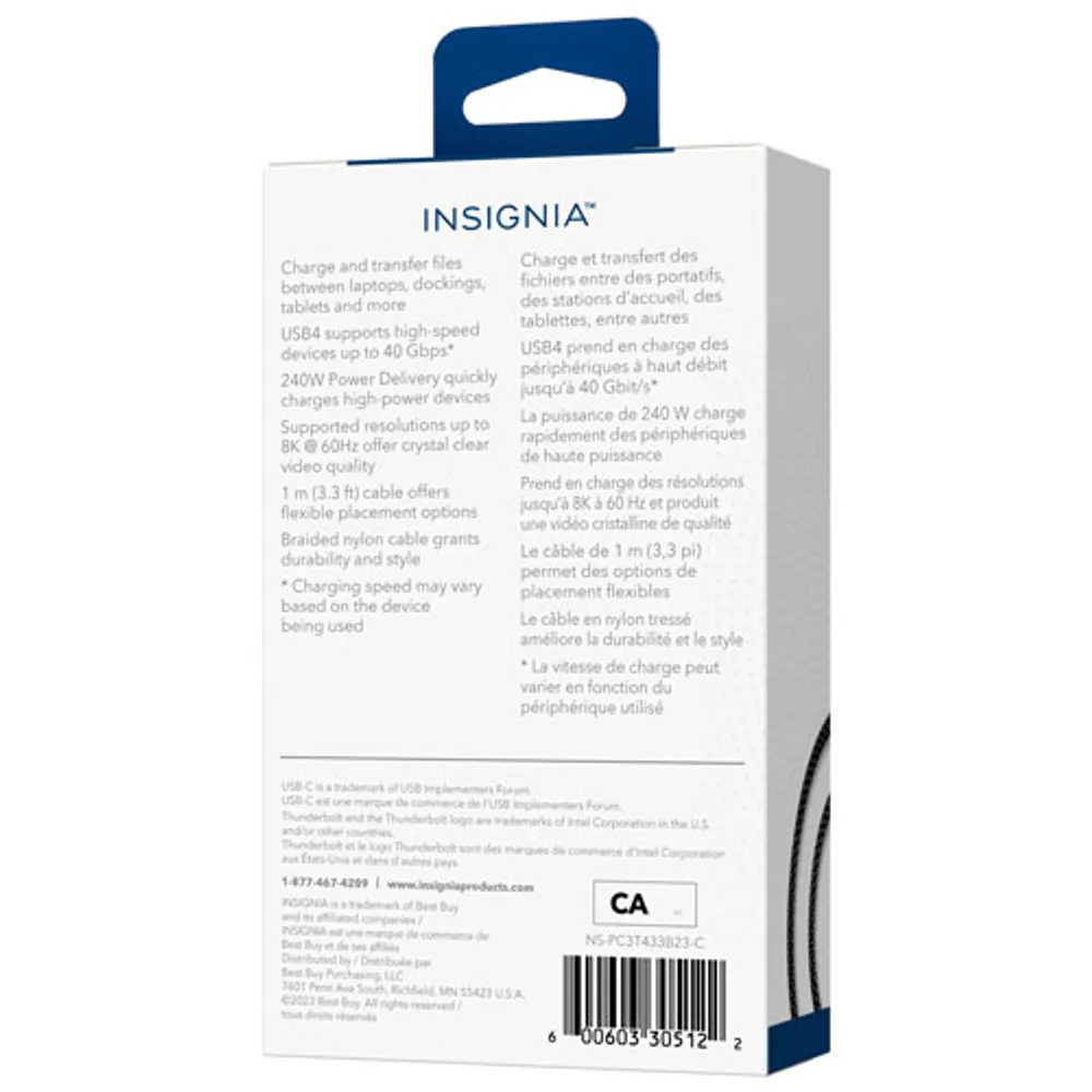 Insignia 1m (3.3 ft.) Braided Thunderbolt 4 USB-C to USB-C Cable (NS-PC3T433B23-C) - Black