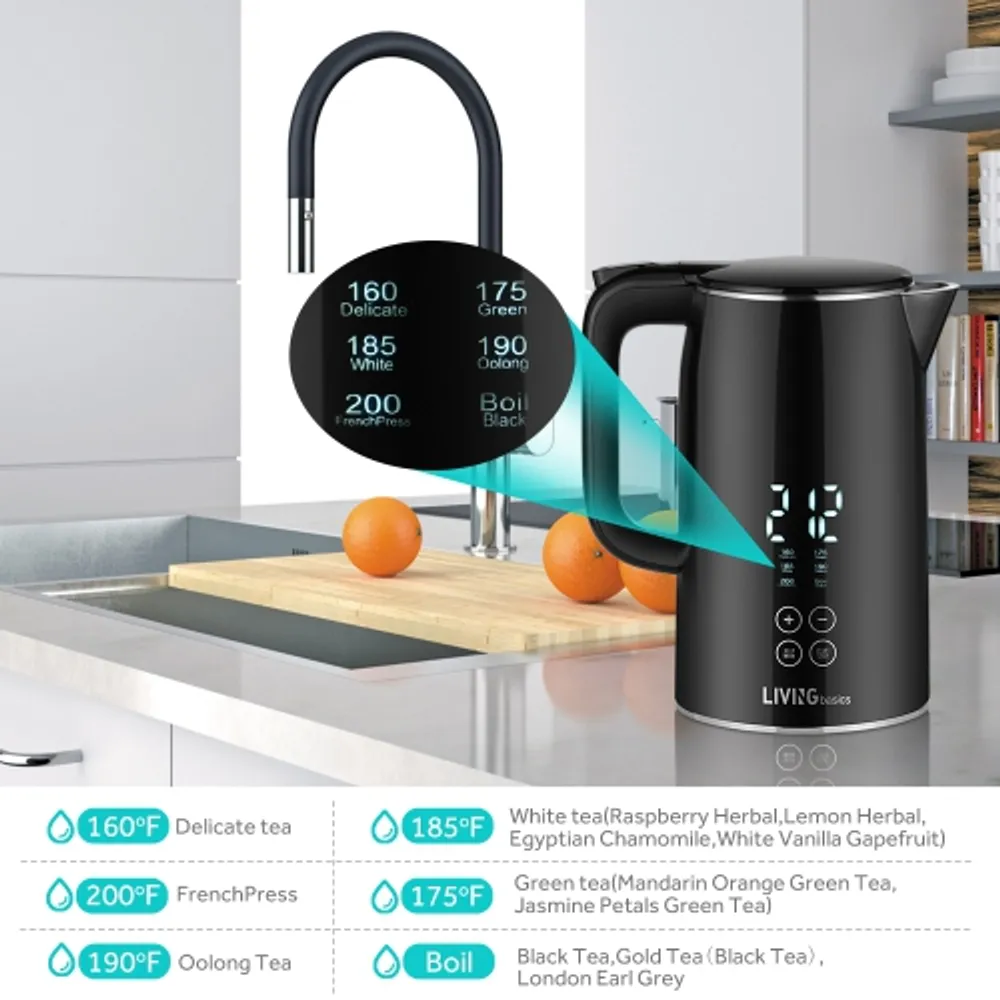 Kenmore Double-Walled Glass Electric Kettle 1.7L, Digital Temperature Control with 4 Pre-Sets, Black