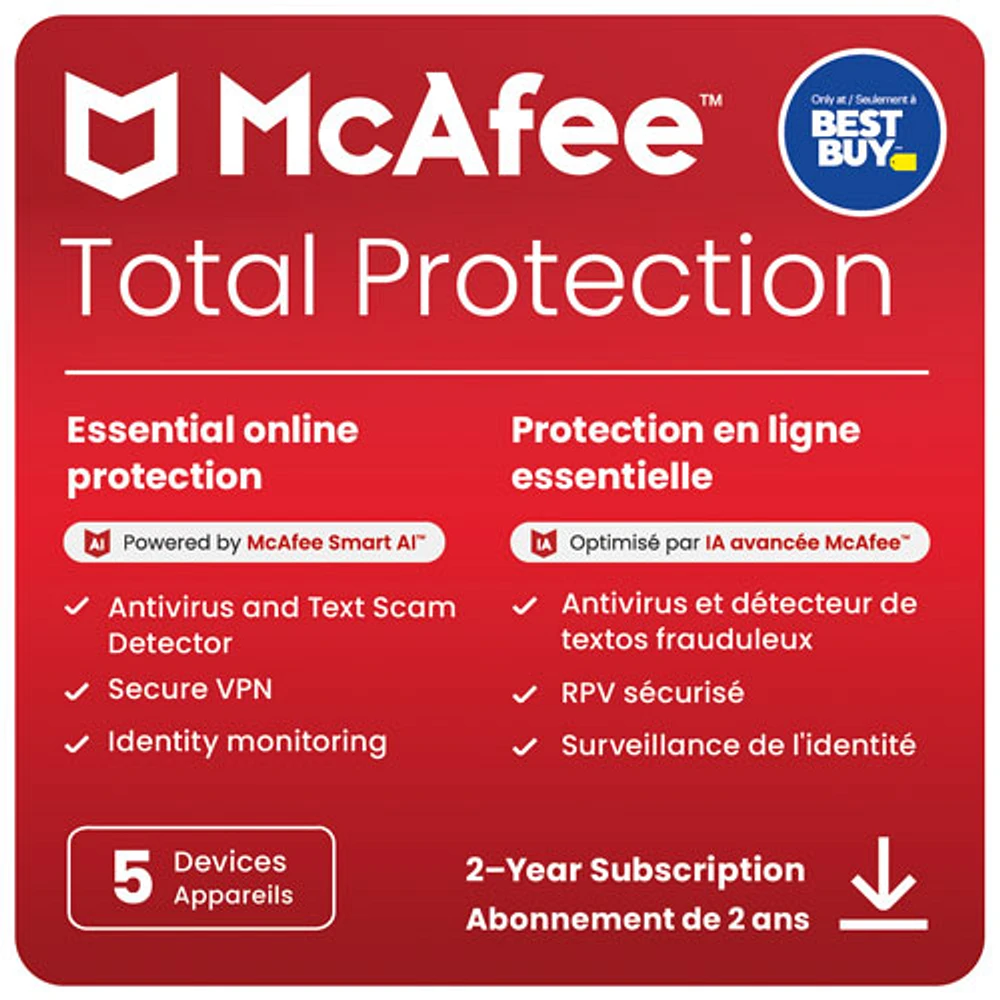 McAfee Total Protection (PC/Mac) - 5 appareils - 2 ans - Téléchargement numérique - Exclusivité de Best Buy