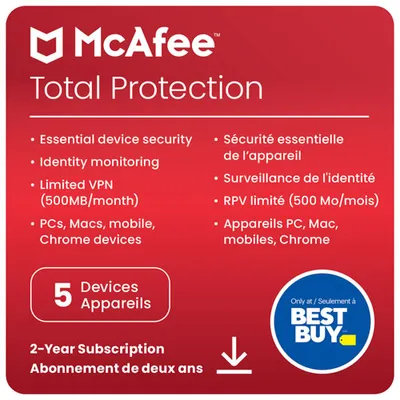 McAfee Total Protection (PC/Mac) - 5 appareils - 2 ans - Téléchargement numérique - Exclusivité de Best Buy