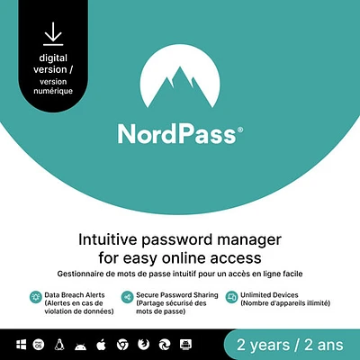 NordPass Premium (PC/Mac) - Nombre illimité d'appareils - 2 ans - Téléchargement numérique