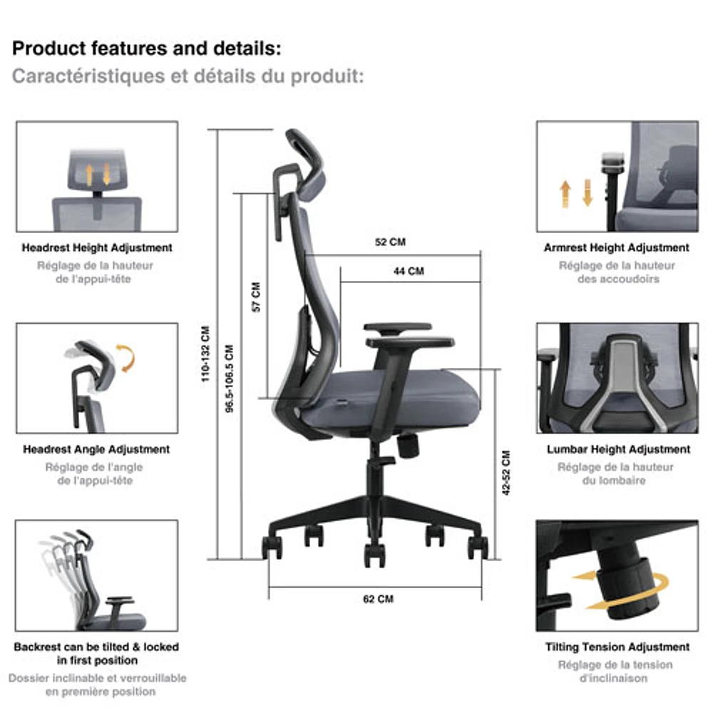 Fauteuil de bureau ergonomique à dossier haut de Kopplen - Gris