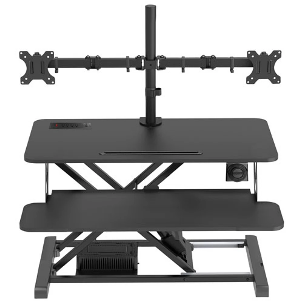 Rocelco Electric Desk Riser with Dual Monitor Mount with Keyboard Tray - Black