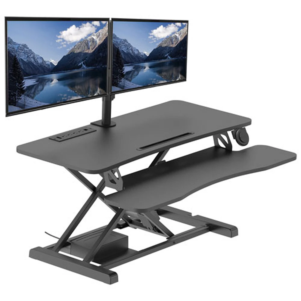 Rocelco Electric Desk Riser with Dual Monitor Mount with Keyboard Tray - Black