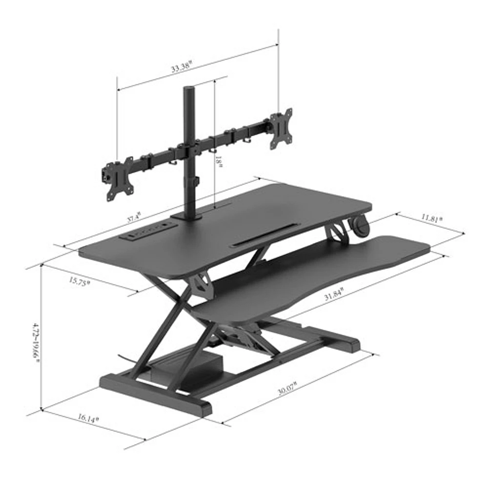 Rocelco Electric Desk Riser with Dual Monitor Mount with Keyboard Tray - Black