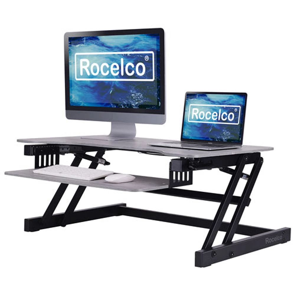 Rocelco DADR 38"W Ergonomic Adjustable Desk Riser with Keyboard Tray - Grey