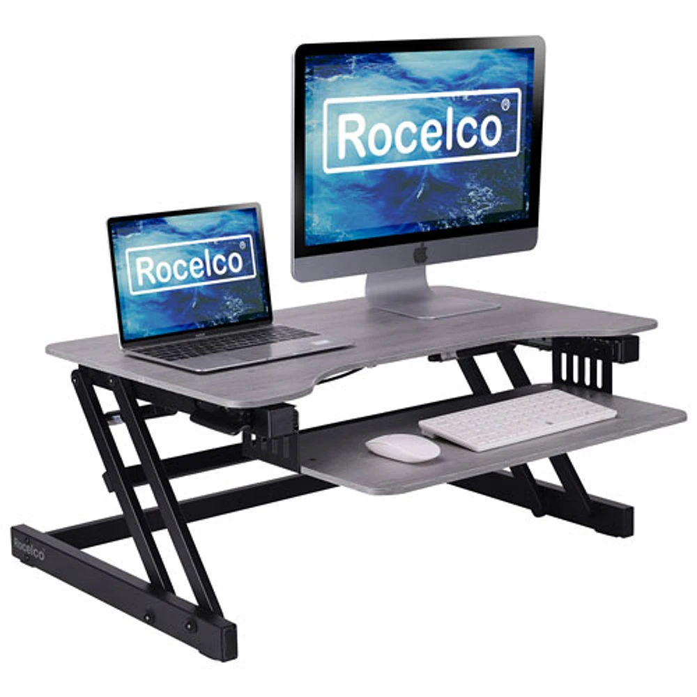 Rocelco 32"W Ergonomic Adjustable Desk Riser with Keyboard Tray - Grey