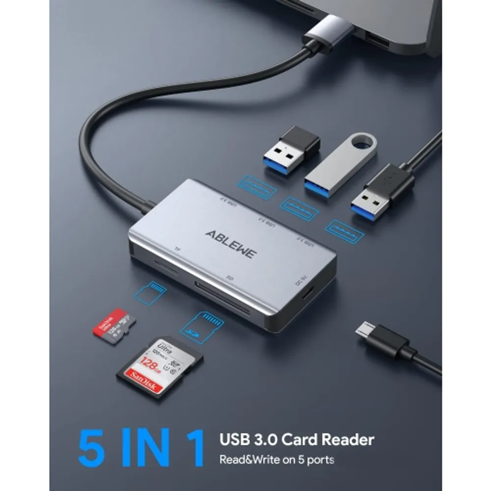 GENERIC SD Card Reader,5-IN-1 USB Memory Card Reader, SD&TF Dual Slot + 3  USB 3.0 Hub Portable Micro SD Card Reader