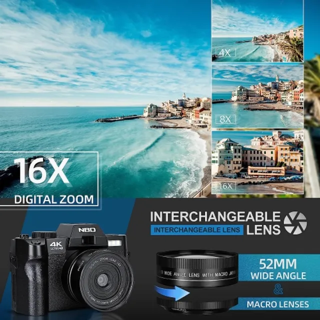 NBD Digital Camera 4K 48MP Vlogging Camera for  with WiFi and  Webcam,16x Digital Zoom Video Camera with Wide-Angle & Macro Lens