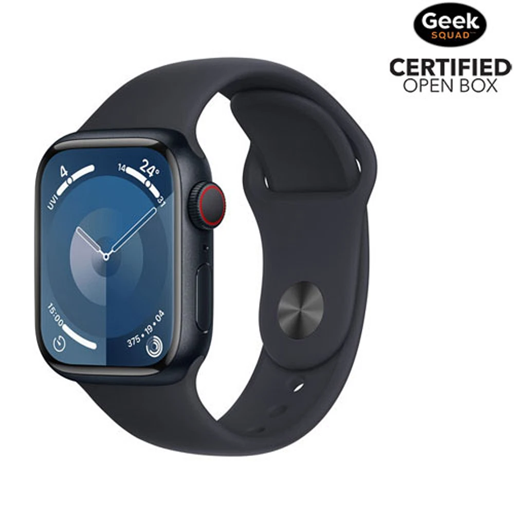 Boîte ouverte - Apple Watch Series 9 (GPS + Cellular) avec boîtier de mm en aluminium minuit et bracelet sport minuit