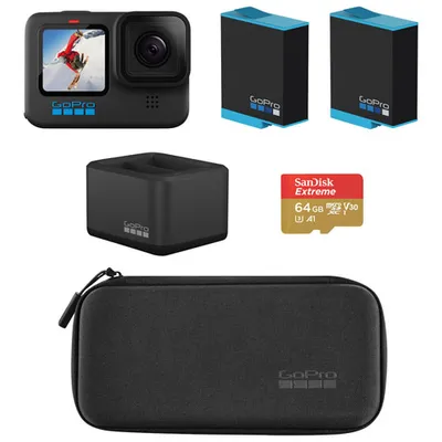 GoPro HERO10 Black Waterproof 5.3K Sports & Helmet Camera w/ Dual Battery Charger, Battery Packs, Memory Card & Case
