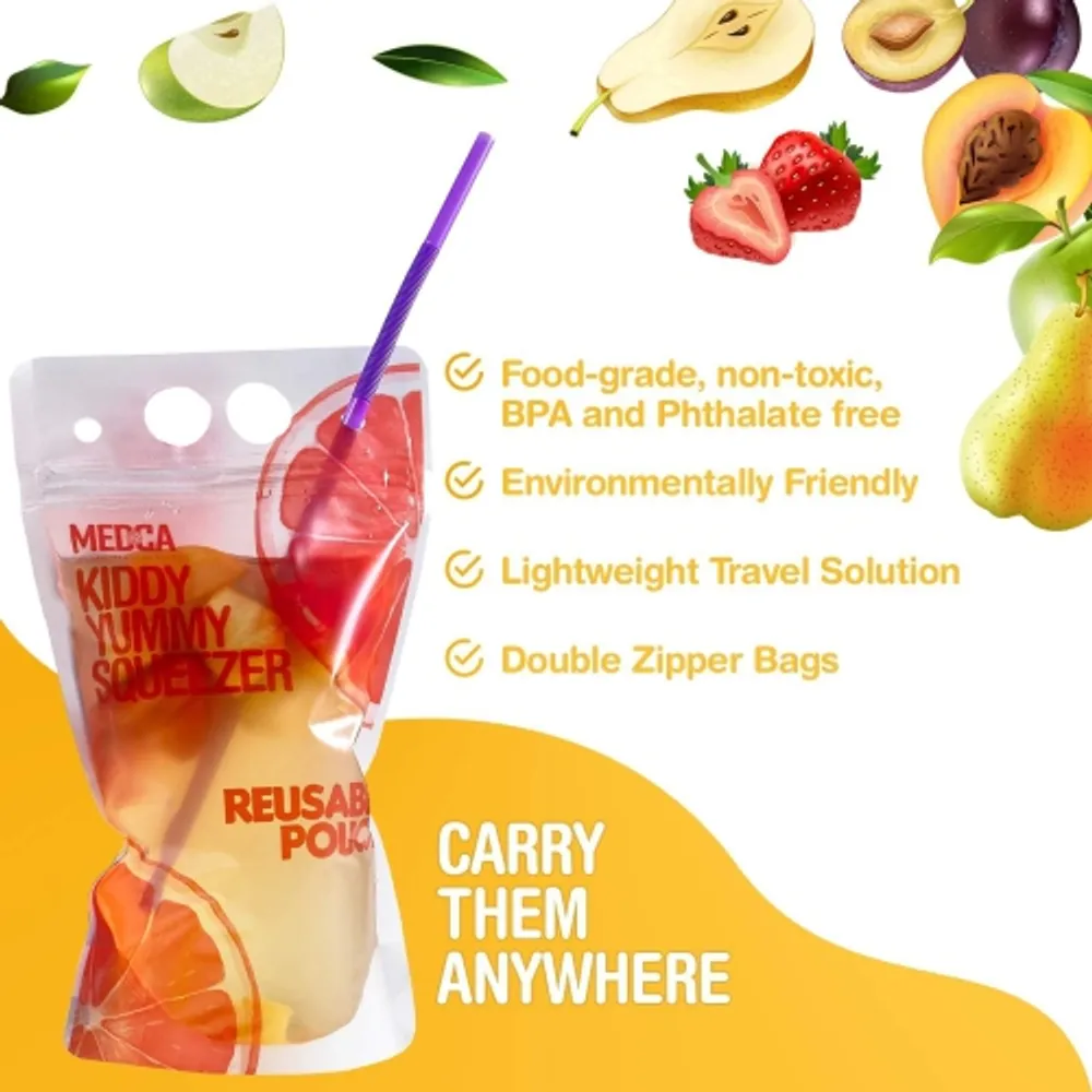 MEDca Clear Drink Pouches with Straw, Double Zipper Reusable Smoothie,  Juice and Drink Bag 