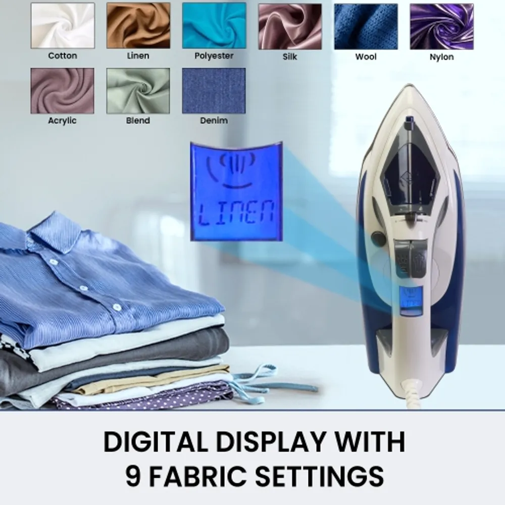 Kenmore Digital Power Steam Iron For Clothes, Stainless Steel Soleplate,  Digital Temperature Control, 9 Fabric Presets, 1725W, Vertical Garment  Steamer, 3-Way Auto-Off, Anti-Drip.