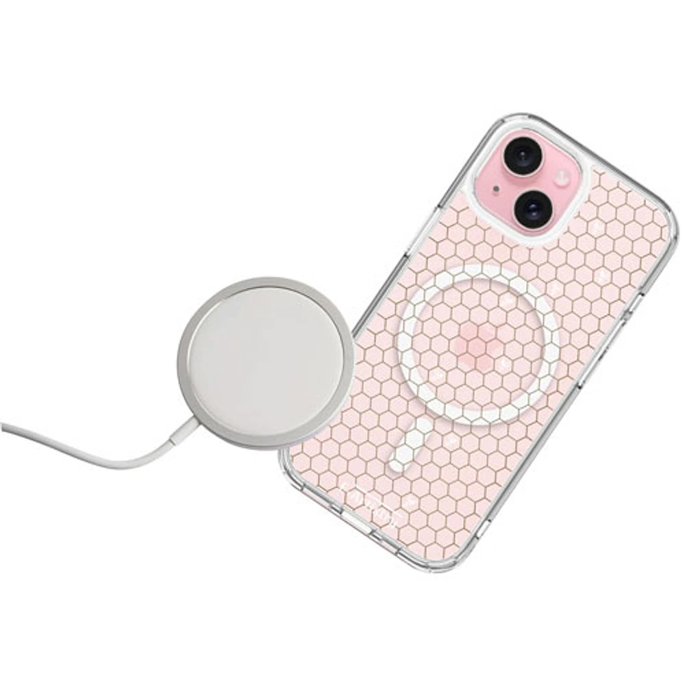 E-Artistry Signature Honeycomb Fitted Hard Shell Case with MagSafe for iPhone 15 - Clear - White/Gold