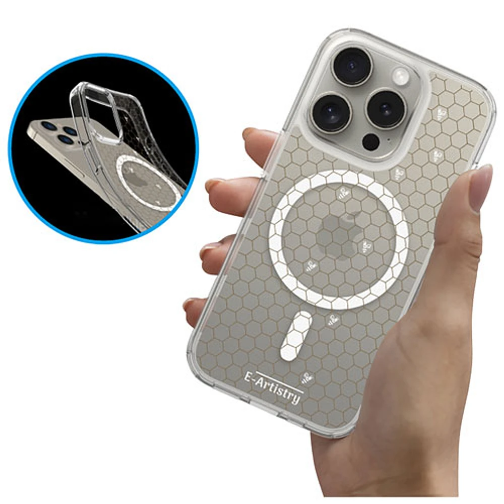 E-Artistry Signature Honeycomb Fitted Hard Shell Case w/MagSafe for iPhone 15 Pro Max- Clear- White/Gold