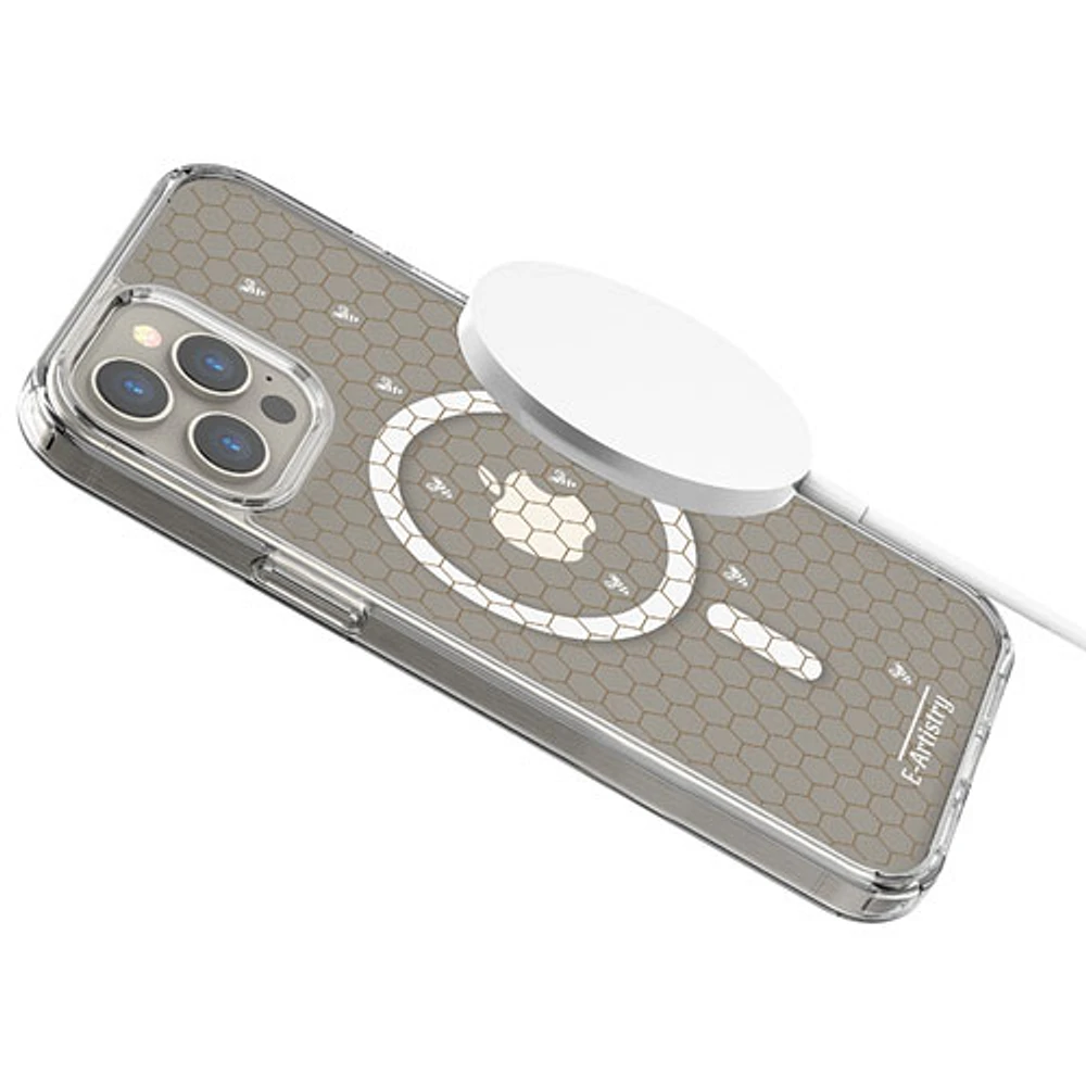 E-Artistry Signature Honeycomb Fitted Hard Shell Case w/MagSafe for iPhone 15 Pro Max- Clear- White/Gold