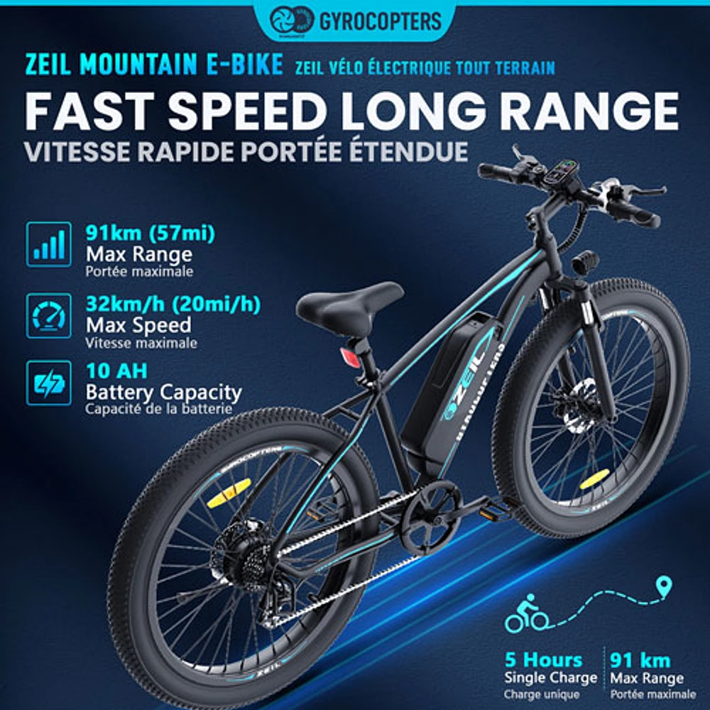 Gyrocopters Zeil Fat-Tire Electric Mountain Bike ( 500W Motor/ 91km Range/ 32km/h Top Speed)