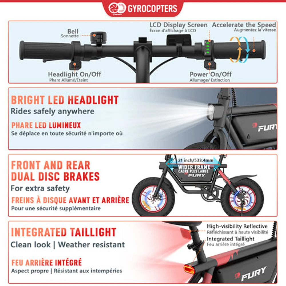 Gyrocopters Fury Fat Tire Foldable Electric Bike (400W Peak Motor/58km Battery Range/25km/h Top Speed) - Black