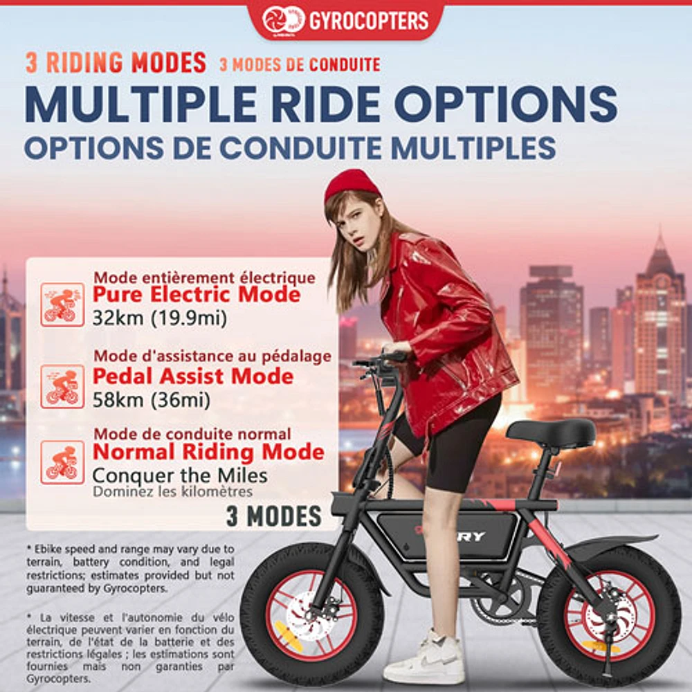 Gyrocopters Fury Fat Tire Foldable Electric Bike (400W Peak Motor/58km Battery Range/25km/h Top Speed) - Black