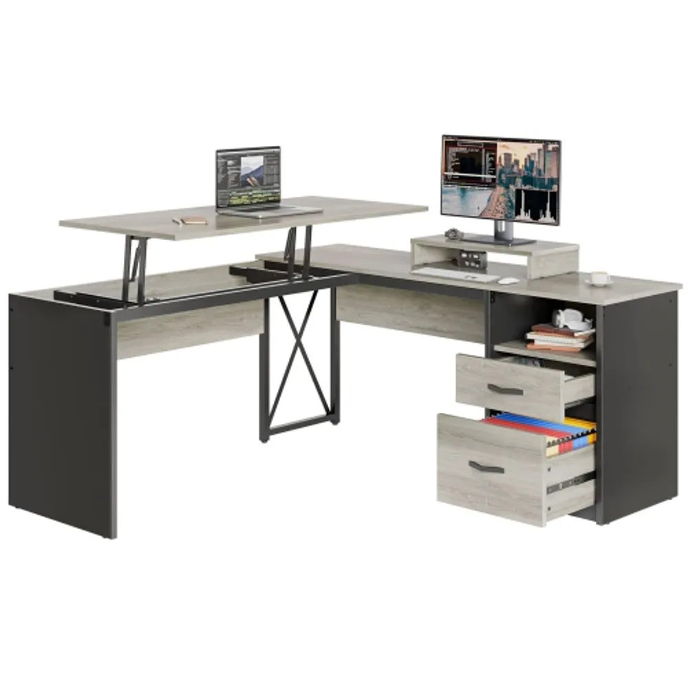Bestier Lift Top L Shaped Desk with File Drawer, 55'' x 55