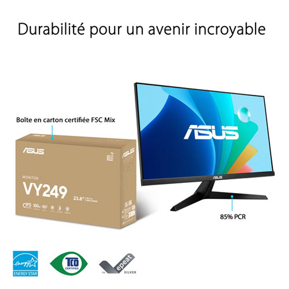 Moniteur DEL IPS HD intégrale 100 Hz de 23,8 po d'ASUS avec temps de réponse de 1 ms gris à gris (VY249HF)